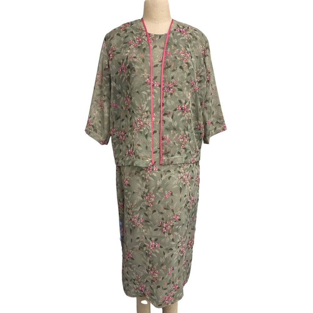 Vintage Floral Two-Piece Dress With Sheer Overlay and Pink Trim